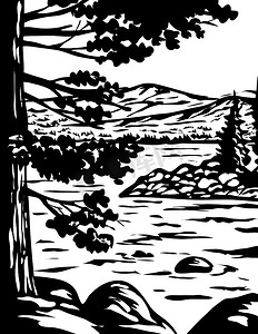 WPA 单色艺术翡翠湾州立公园在南太浩湖加利福尼亚州美国灰度黑白
