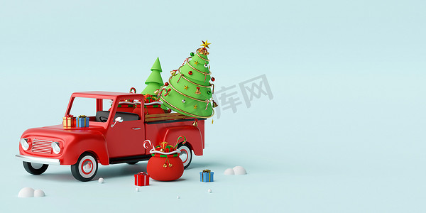 圣诞快乐，新年快乐，圣诞卡车装满圣诞礼物，卡车后面的圣诞树，3D 渲染