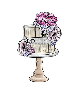 蛋糕圆形棕色底座的彩色图画的插图，在白色孤立背景上用蓝色和柔和的粉红色花朵装饰