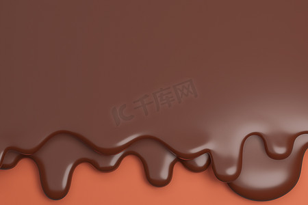 融化的牛奶棕色巧克力流下来。，3D 模型和插图。