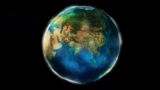 从太空看地球的一半，显示非洲、亚洲和大洋洲。