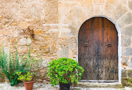墙前有花盆的旧质朴地中海房门