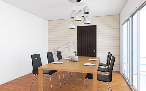 现代餐厅的角落，白色的墙壁，木地板，圆桌和黑色的椅子。 