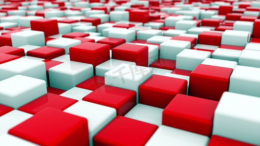 位于不同级别的白色和红色立方体的 3D 渲染背景。