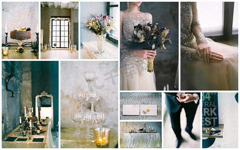 婚礼之日蒙太奇、细节和装饰的美丽拼贴