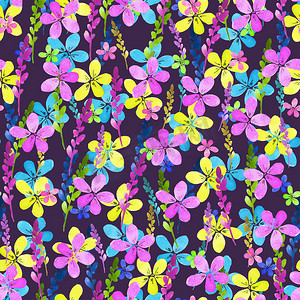 无缝花纹与水彩蓝色粉红色黄色花朵和叶子在紫色背景上的复古风格。 
