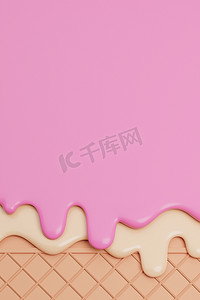 草莓和香草冰淇淋融化在晶圆背景上。，3D 模型和插图。