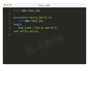 编辑器窗口中的 Ada 语言 Hello World 程序示例