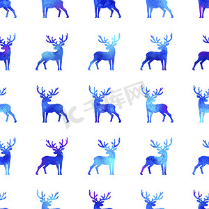 圣诞可爱元素摄影照片_驯鹿圣诞水彩鹿雄鹿无缝图案蓝色。