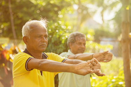 两位老人伸手，在公园里做瑜伽，背光对比 — 老年人积极、健康和健身的概念。