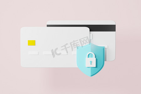 信用卡背景图摄影照片_带锁形图标的信用卡、锁定银行卡安全交易保护