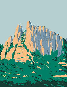 法国南部塞文山脉山区容特峡谷的塞文山脉国家公园或国家公园塞文山脉装饰艺术 WPA 海报艺术