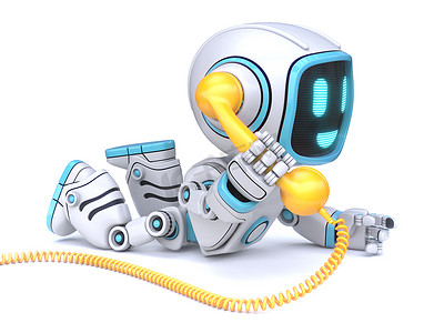 可爱的蓝色机器人持有黄色电话耳机3D