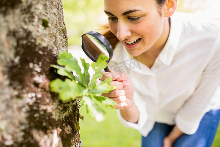 户外观察植物摄影照片_美丽的黑发女人通过放大镜观察植物