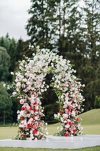 举行婚礼摄影照片_婚礼在绿色草坪的街道上举行。仪式用鲜花拱门装饰