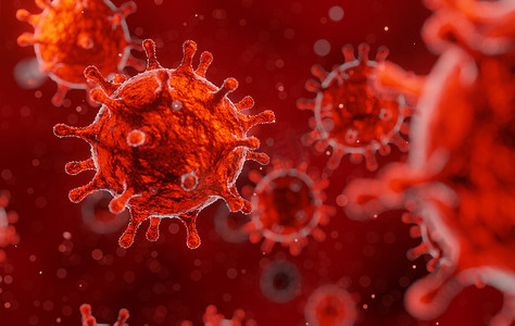 漂浮的细菌摄影照片_电晕病毒2019-ncov流感爆发，血液中漂浮流感病毒的微观观察，SARS流行风险概念，3D渲染图