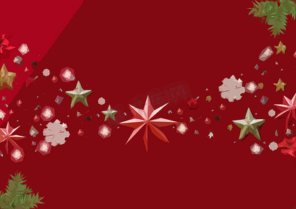红色背景上的圣诞红色小玩意-豪华圣诞贺卡