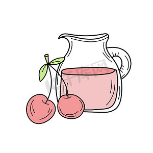 玻璃罐中的樱桃汁，带新鲜浆果的矢量卡通卡