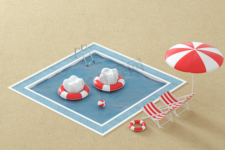 卡通牙度假，游泳池旁，3D 渲染。