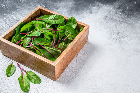 未加工的新鲜的绿色甜菜芒果叶子在一个木箱里。