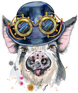 戴着礼帽和蒸汽朋克眼镜的猪水彩肖像