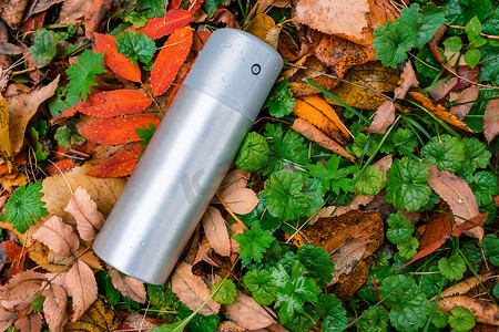 一罐除臭剂或空气清新剂扔在秋草的草坪上
