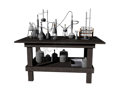 吸量管摄影照片_有大量玻璃和化学品的实验室桌子