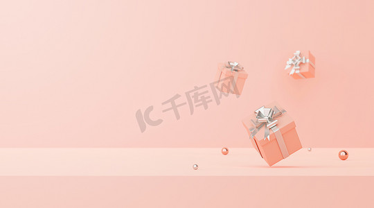 粉红色背景上带有银色丝带的柔和色彩礼品盒的最小场景，带有复制空间，3D 渲染
