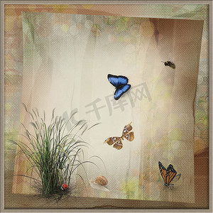 抽象图像：蝴蝶和花朵。 