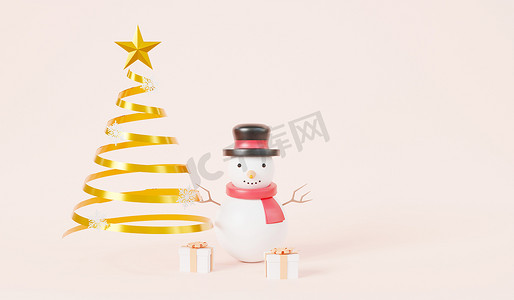 由金丝带线圈金属、礼盒和雪人卡通制成的圣诞树
