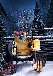 夜晚下雪摄影照片_冬季花园夜晚的圣诞感觉