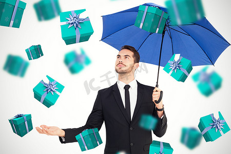 开朗的商人用手撑着伞的复合图像