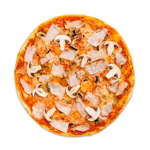 美味的披萨配蘑菇和熏鸡