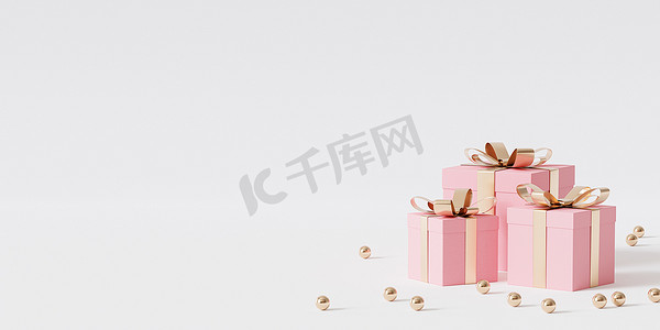 3d丝带摄影照片_白色背景上带金色丝带的粉红色礼品盒，3d 渲染