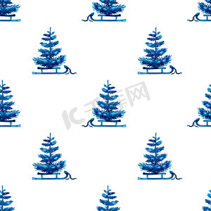 蓝色圣诞水彩画松树和雪橇无缝图案。