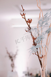 冬季通风摄影照片_婚礼上冬季风格的餐桌上装饰有蓬松的花朵