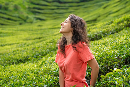 美丽的黑发女孩摆在绿茶灌木丛之间的茶谷中间。