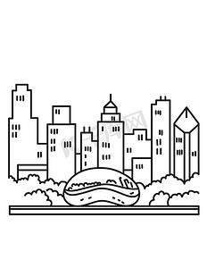 芝加哥市中心天际线与公园烧烤豆或云门雕塑密歇根湖美国伊利诺伊州单线艺术海报