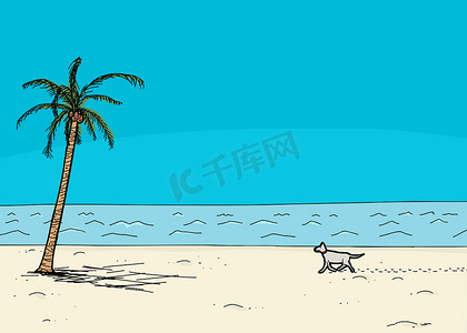 手绘椰子摄影照片_独自在海滩上遛狗