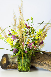 小兰花摄影照片_一个干树桩、树皮和小玻璃花瓶中的一束野花。