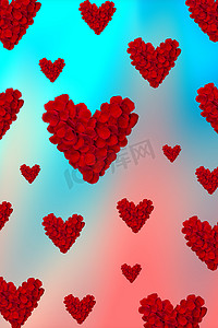 情人节贺卡，心形由红玫瑰花瓣制成，在渐变粉色和蓝色背景下被隔离。