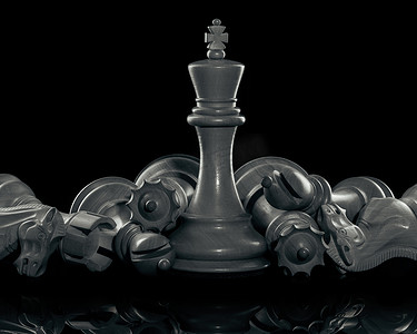 国际象棋骑士摄影照片_黑色和白色国王和国际象棋骑士设置在黑暗的背景