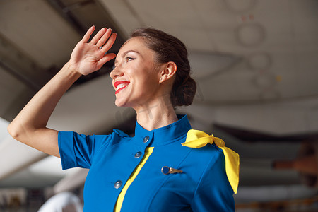 站在客机前，身着亮蓝色制服的漂亮空姐的画像，一边微笑一边看着别处