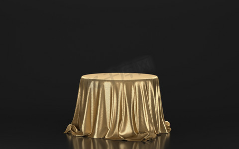 空桌子上的金色桌布，3d 渲染。