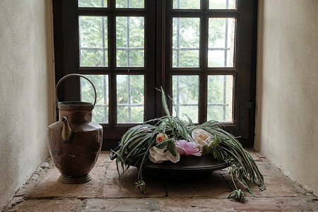 铜容器和植物与旧窗口的组成。