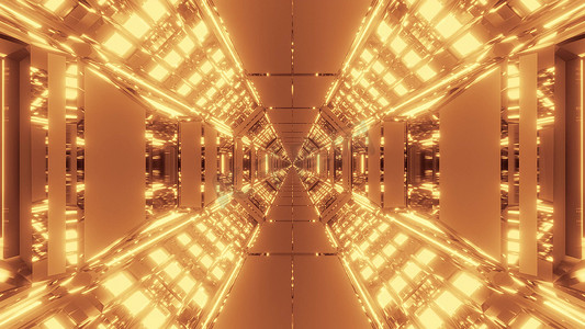 未来科幻小说机库隧道与无尽的发光灯 3D 渲染设计背景壁纸