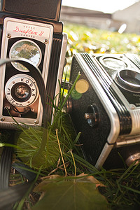 两台旧相机躺在草地上，中间有镜头光晕