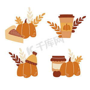 手绘食物面包摄影照片_矢量卡片集，上面有南瓜食物和咖啡的手绘图像。