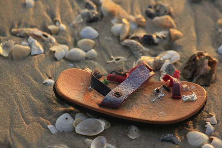 童蓝色摄影照片_海滩上损坏的童鞋和贝壳。