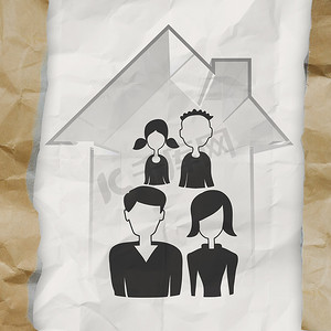手绘 3d 房子与家庭图标在皱巴巴的纸背景上